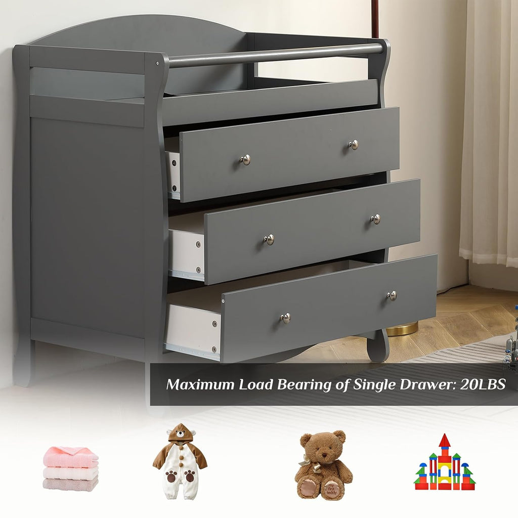 Changing Table Dresser Baby Diaper Changing Station Infant Nursing Table with 3 Drawers, Safety Rail & Strap , Gray |