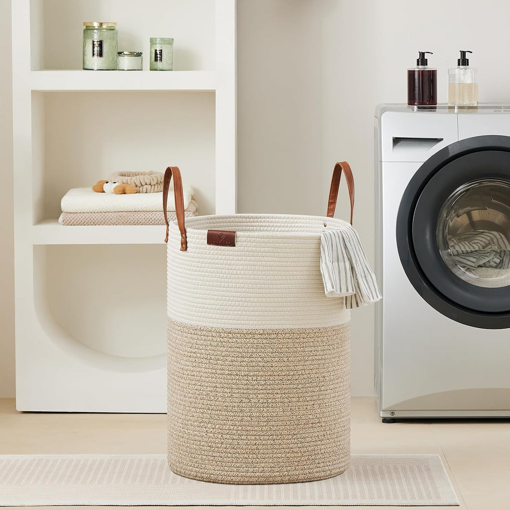 100L Tall Woven Rope Laundry Hamper, Leather Handles, White & Brown | Large Wicker Laundry Basket for Dirty Clothes
