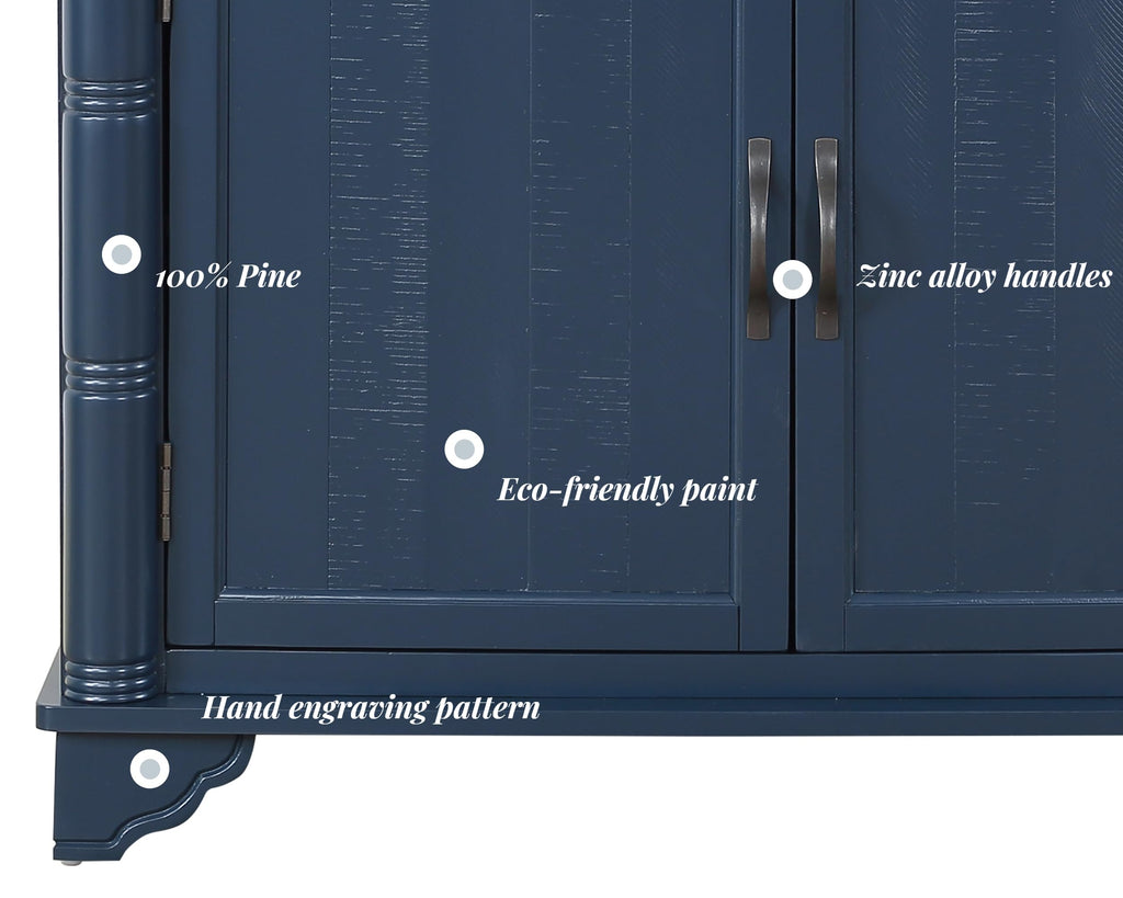 40" Sideboard Buffet Accent Storage Cabinet with Carved Pattern Side Board Solid Wood Frame (Blue+Brown)