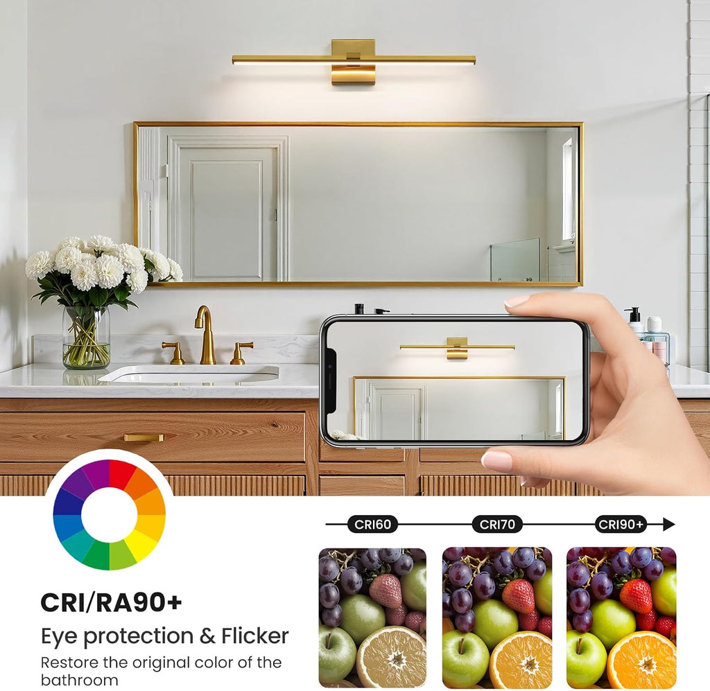 Gold LED Bathroom Vanity Light 24 Inch 18W Dimmable 5CCT Bathroom Lighting Fixtures Over Mirror Modern Brushed Gold