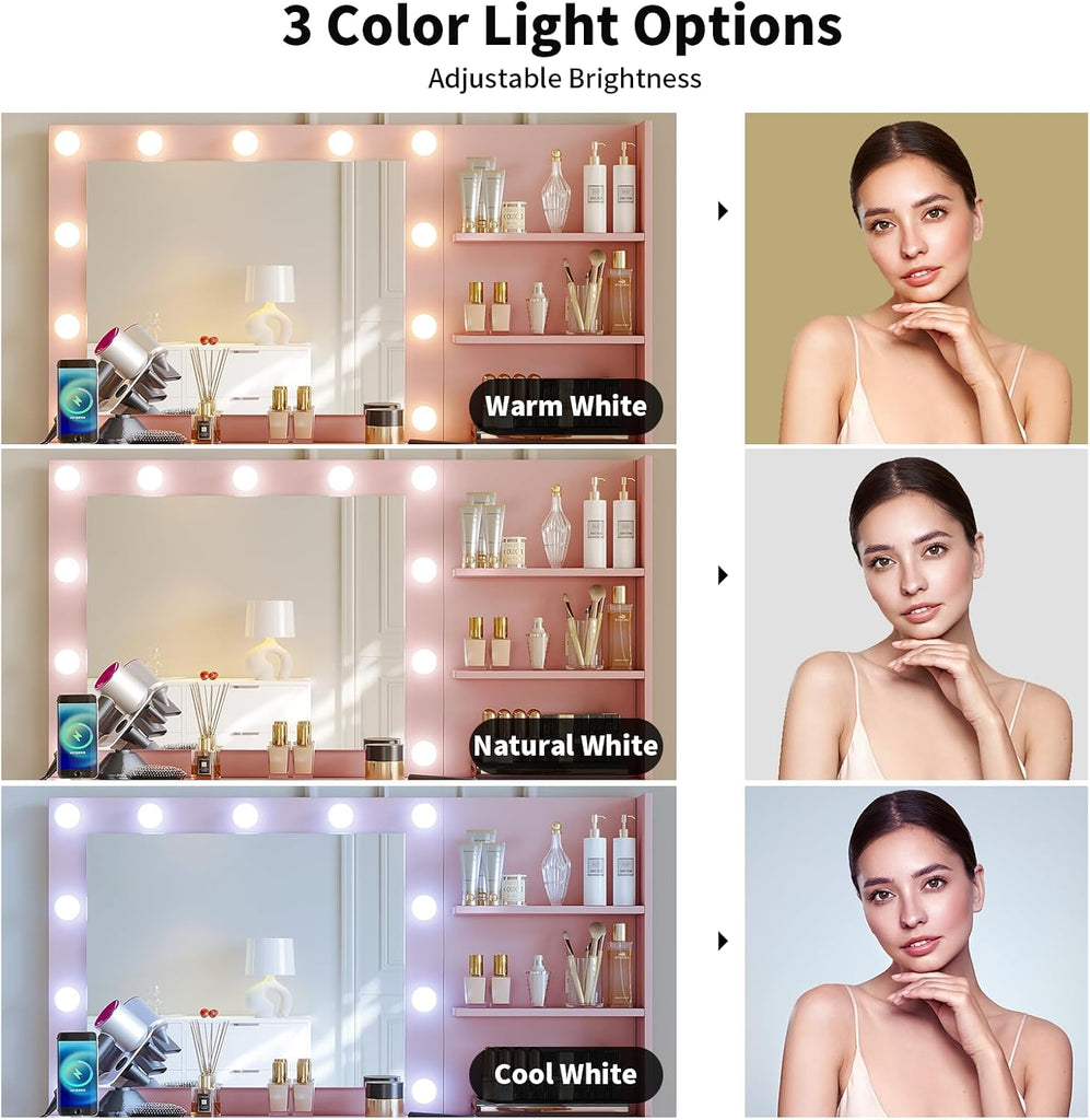 47" Vanity with Outlet - Makeup Vanity Desk with Mirror, Storage Shelves and 6 Drawers, 3-Color Light, Makeup Desk