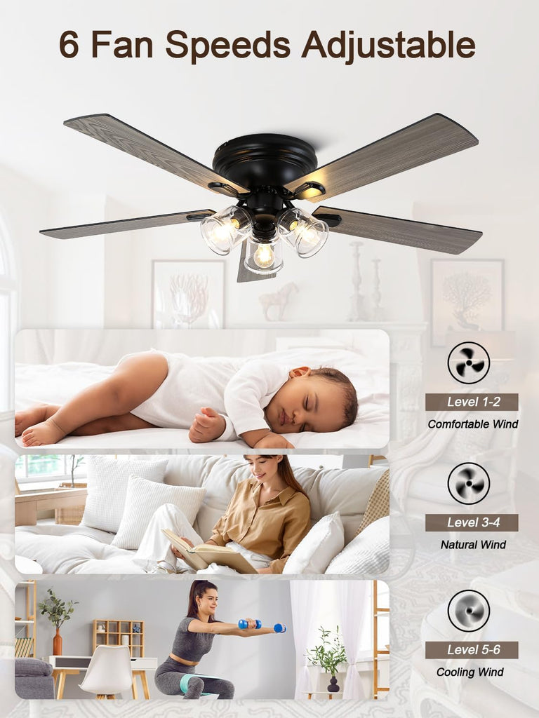 52 Inch Flush Mount Vintage Ceiling Fan with Lights and Remote