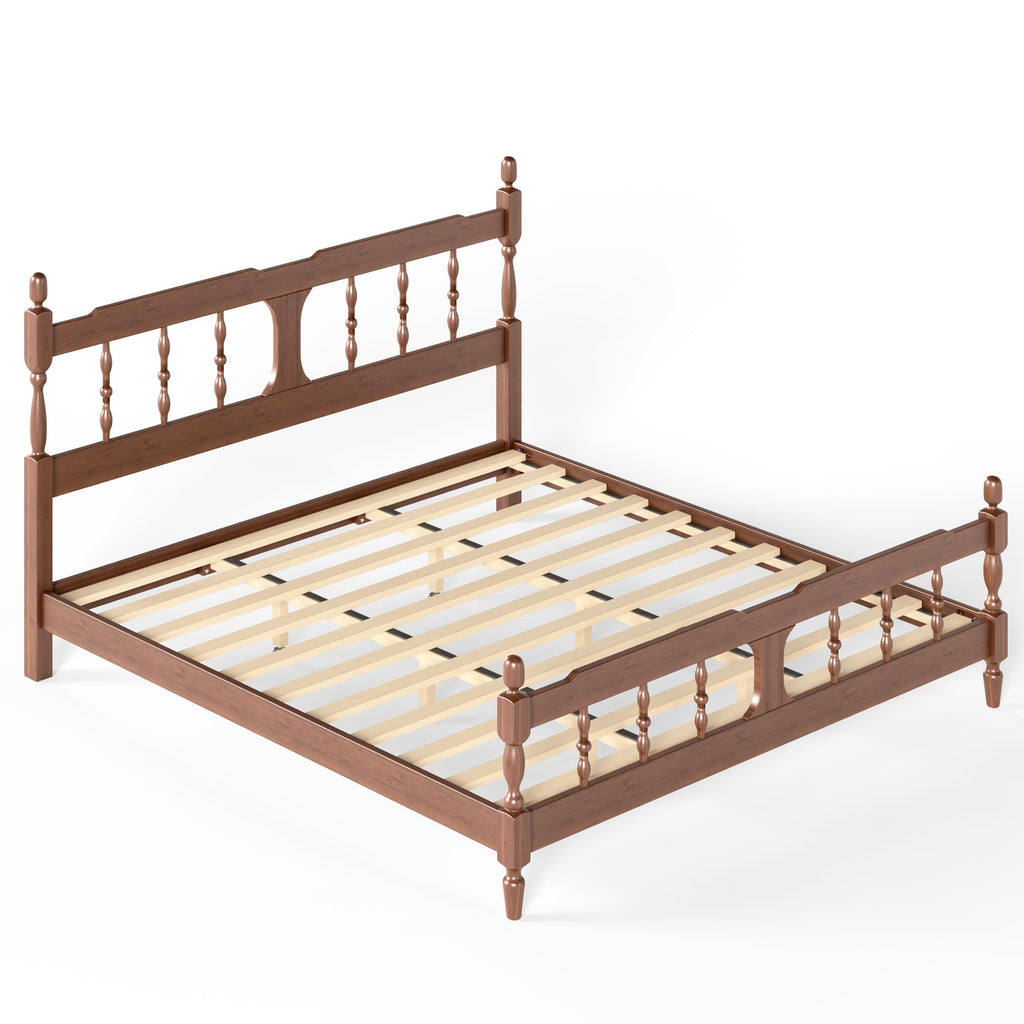 King Vintage Wood Spindle Post Bed, Bamboo Platform Bed, Brown