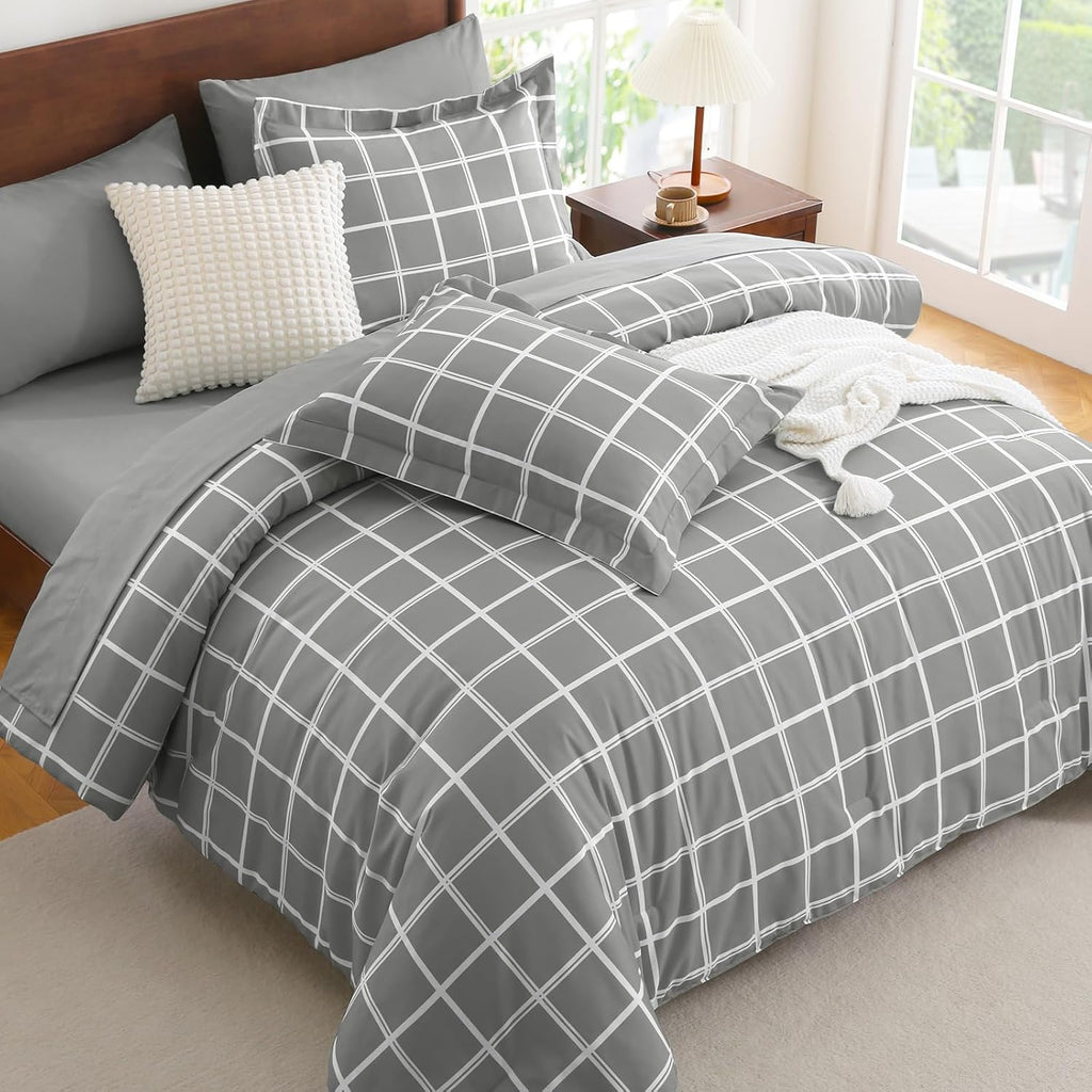 Queen Comforter Set with Sheets - 7 Pieces Plaid Bed in a Bag Set Grey