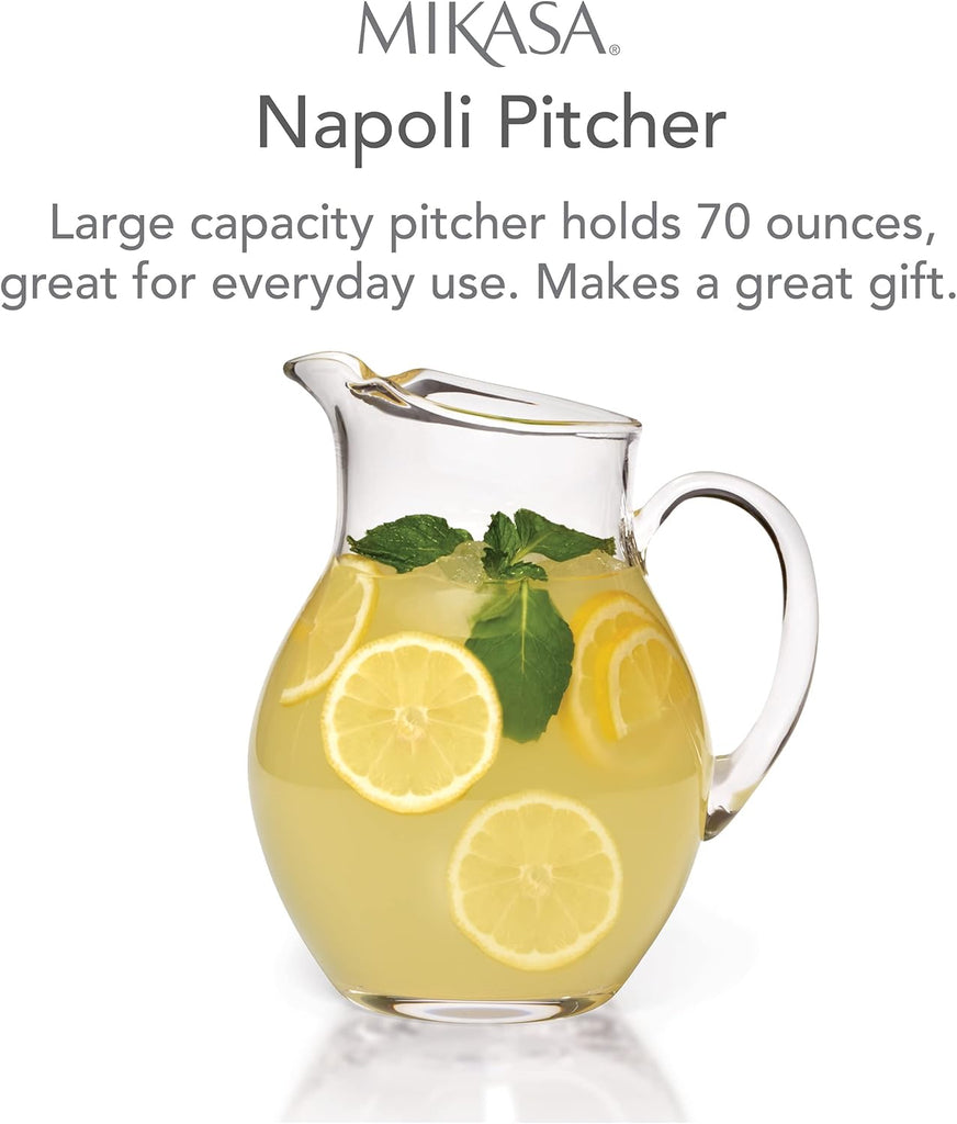 Napoli Glass Pitcher, 70 oz - Large Glass Water Pitcher with Spout for Serving Water, Juice, Sangria, Lemonade and