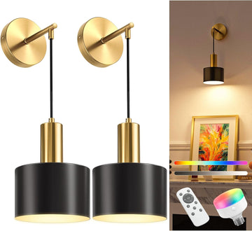 Battery Operated Wall Sconce Set of 2, Gold & Black Wireless Rechargeable Wall Lights with 5200mAh Dimmable