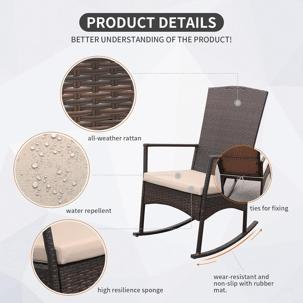 Outdoor HDPE Wicker Rocking Chair 3-Piece Patio Rattan Bistro Set 2 Rocker Armchair and Glass Coffee Side Table