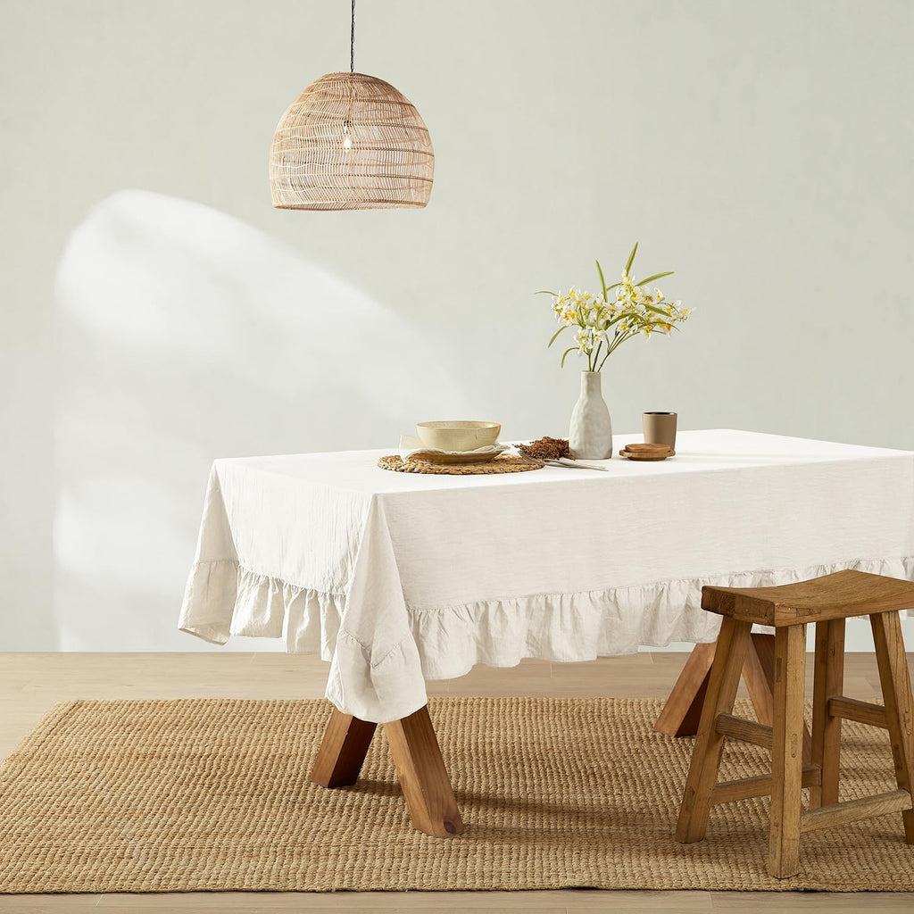 Ruffle Farmhouse Rustic Rectangle Natural Stonewashed Cotton Tablecloth (60x120 inch, White)