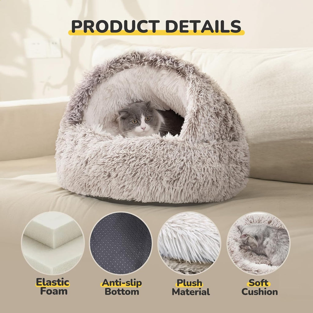 Plush Hooded Cat Bed, Calming Nest, Self-Warming Cave, Cozy Pod for Indoor Cats or Small Dogs