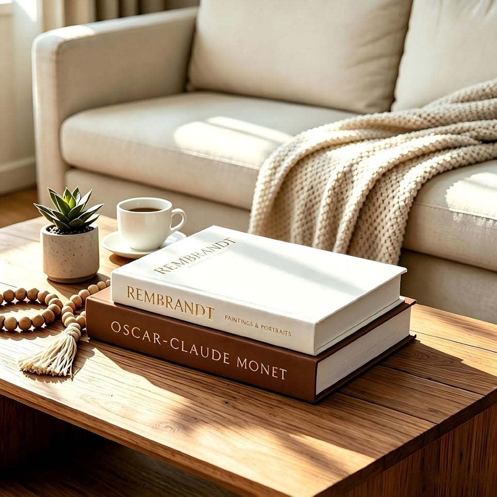 Decorative Faux Books Set of 2, Coffee and Cream | Textured Stripes, Neutral Aesthetic, For Shelf Styling, Living