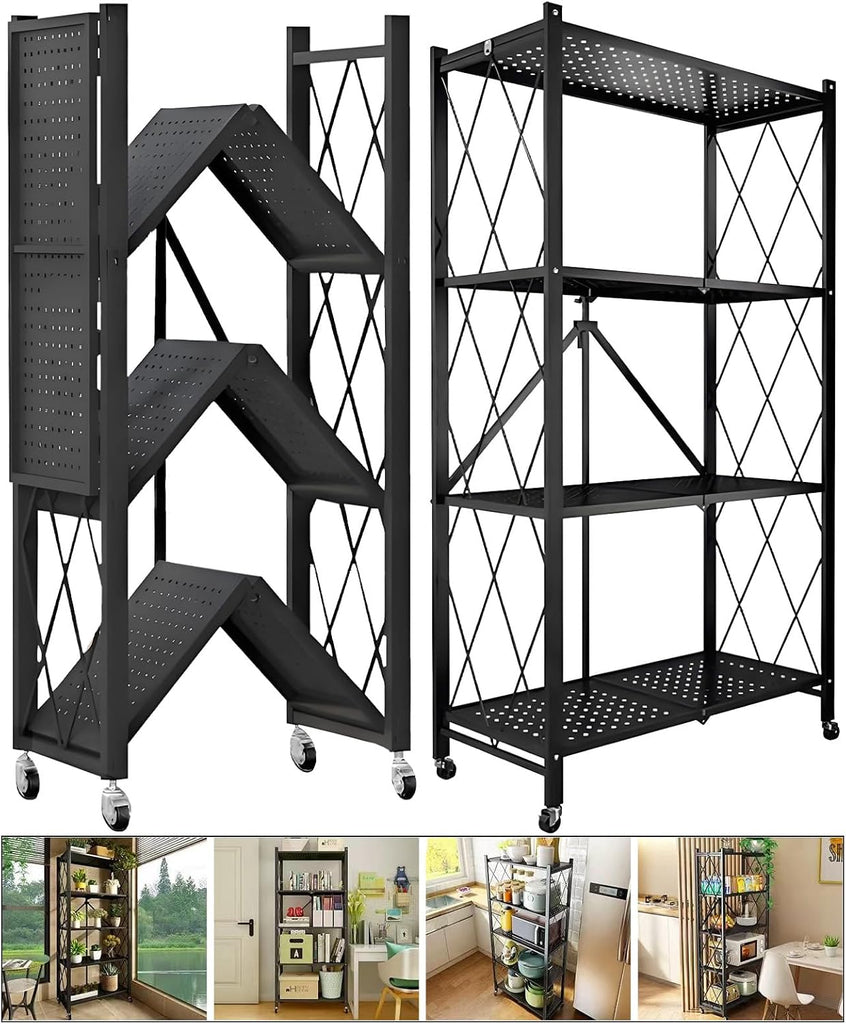 4-Tire Storage Shelves Organizer, Foldable Metal Garage Shelving, Portable Closet Shelving Unit, 28" x 13" x 48"