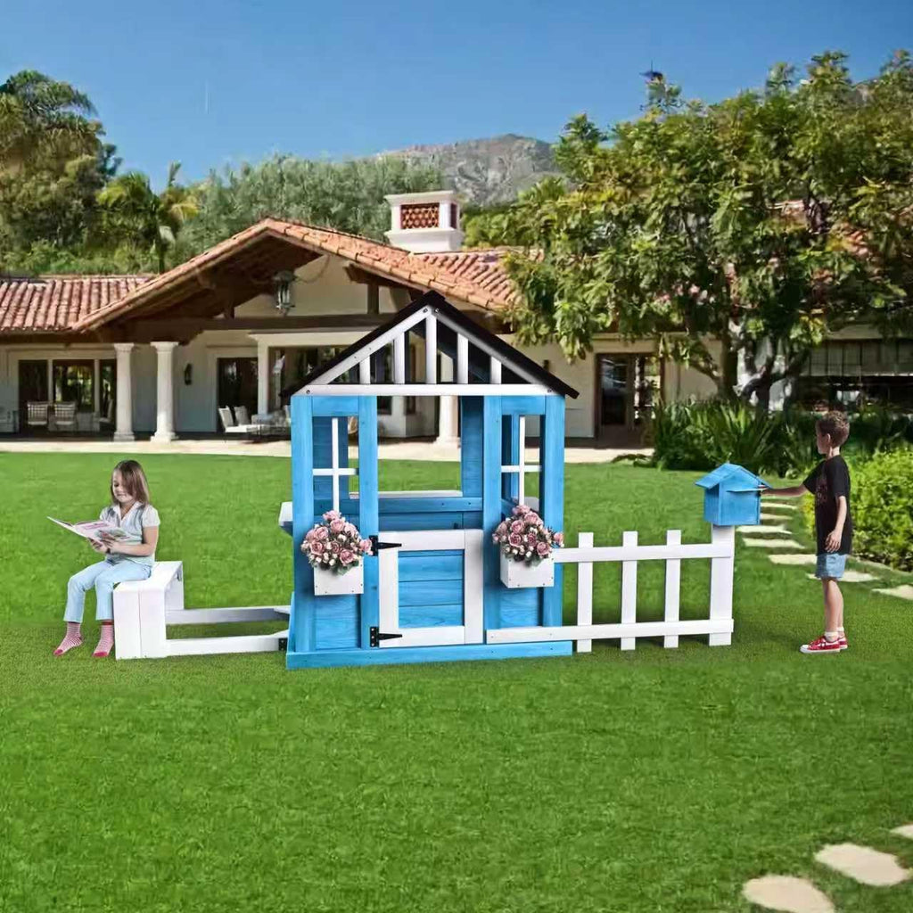 Playhouse foe 3-6 Ages Boys Girls, Wooden Playhouse with Bench Fence Windows Flowerpot Holders & Snack Window, Solid