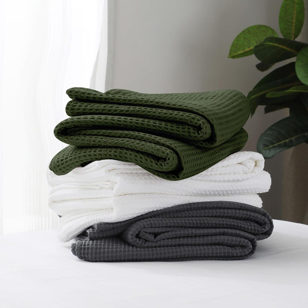 100% Cotton Waffle Blanket (Green - King - 104 * 90''), Pre-Washed and Anti-Shrinkage Soft Lightweight Bed & Couch