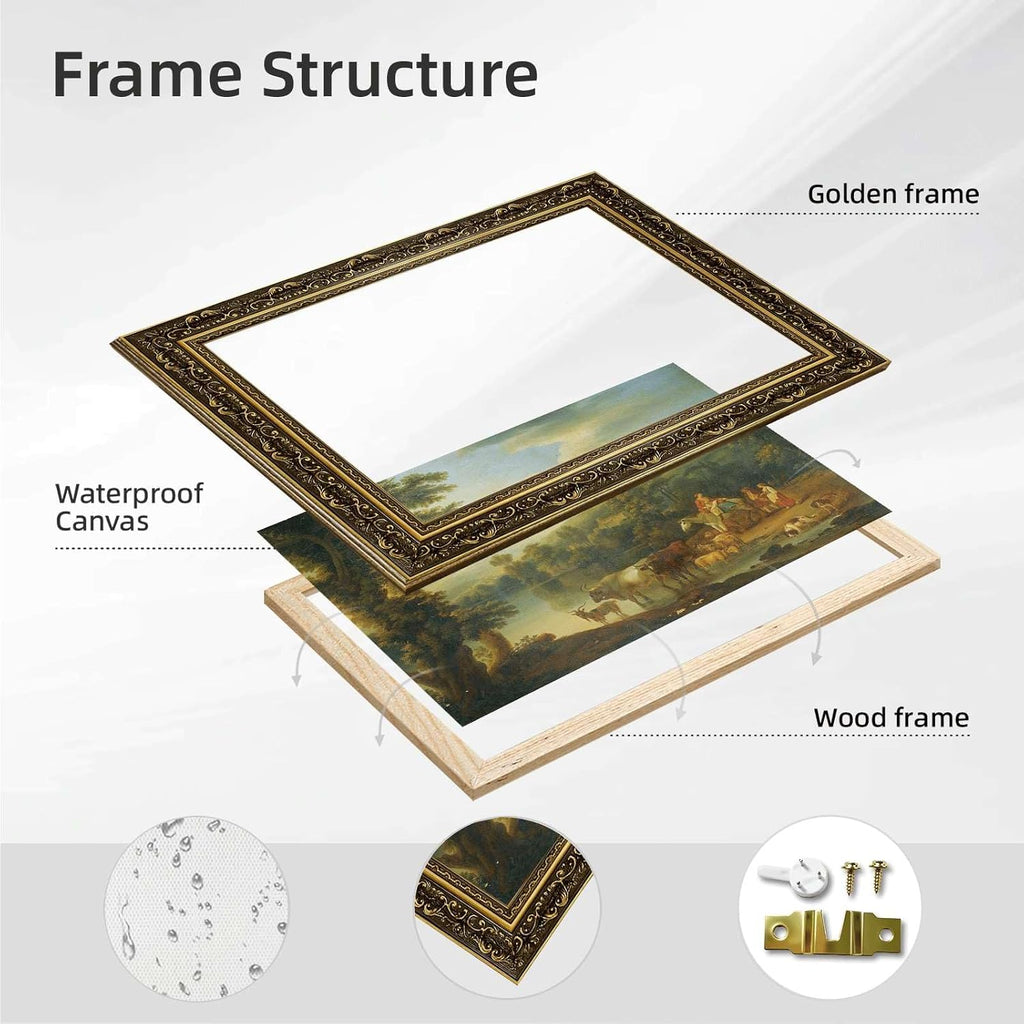 Vintage Framed Pastoral Scene Wall Art Canvas Print Oil Paintings Reproduction World Classics Middle Ages Painting