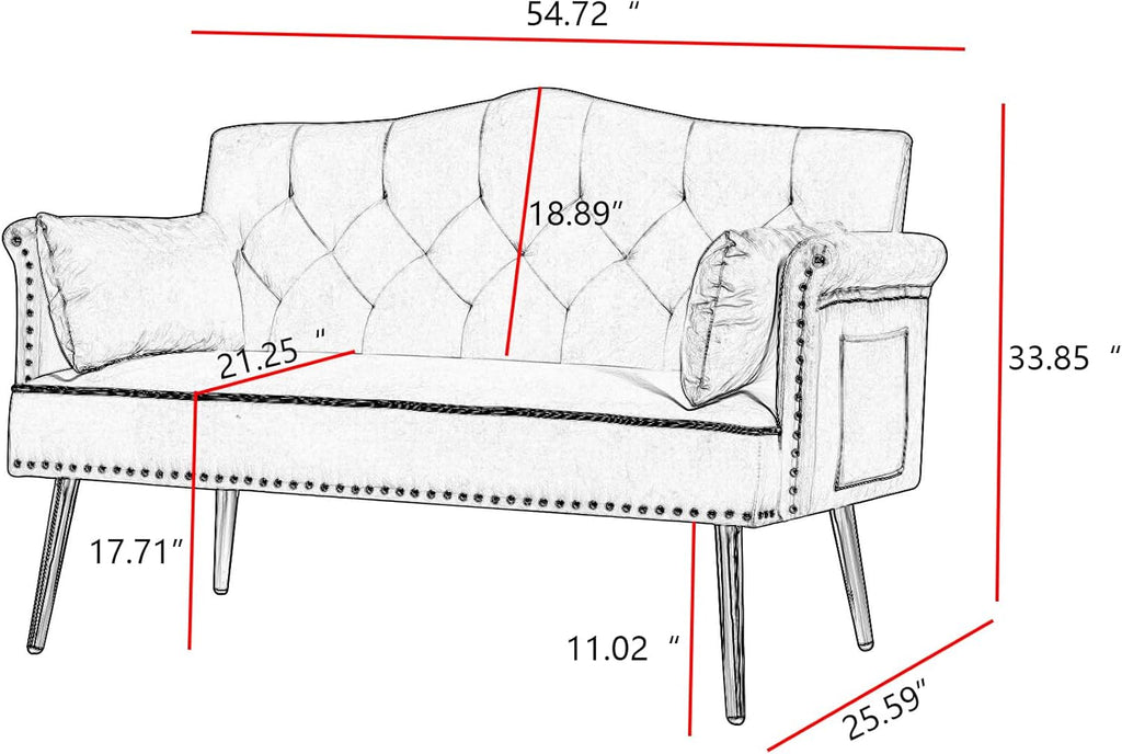 55 Inch Beige Velvet Loveseat Sofa with Gold Metal Legs & Side Pockets, Tufted Backrest