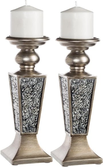 Schonwerk Silver Pillar Candle Holder Set of 2 - Crackled Mosaic Design - Centerpiece Table Decoration - Coffee Table