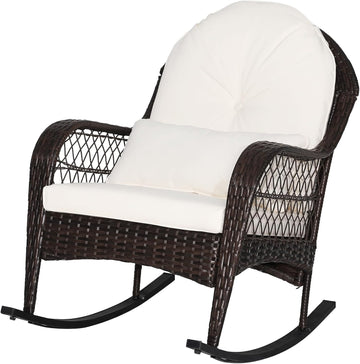 Outdoor Wicker Rocking Chair, Patio Rattan Rocker w/Lumbar Pillow, Padded Seat & Back Cushions, Metal Frame, Mix