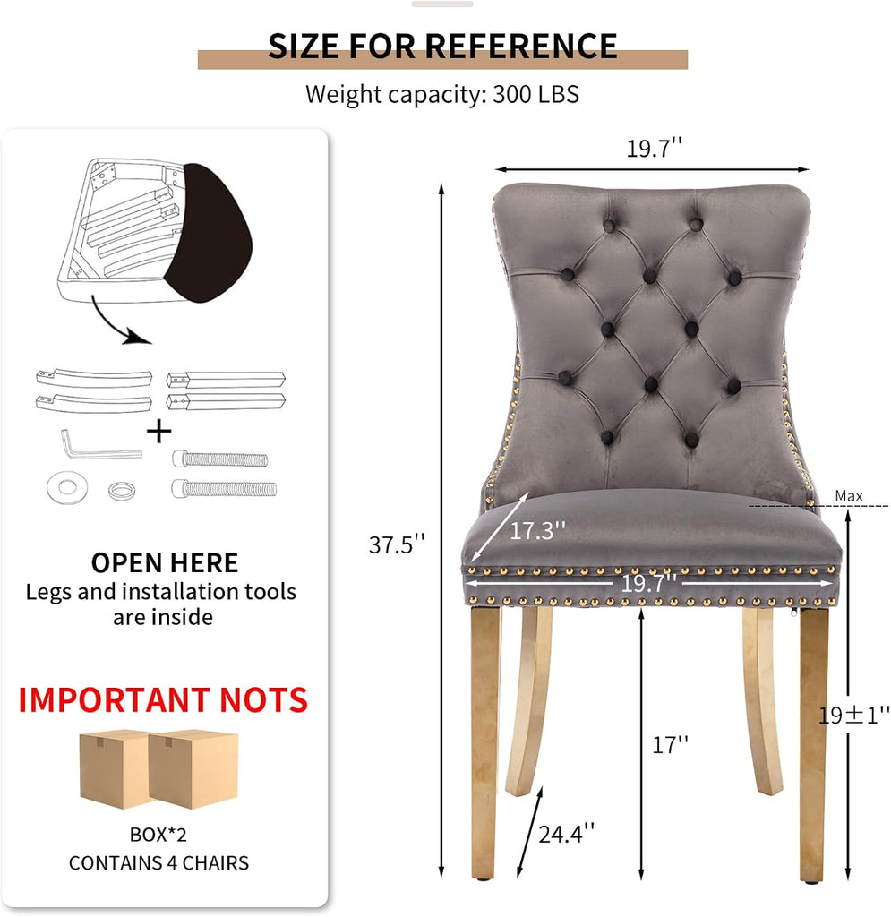 Grey Velvet Dining Chairs Set of 4, Upholstered Tufted Kitchen Chairs with Gold Legs, Mid Century Modern Dining Room