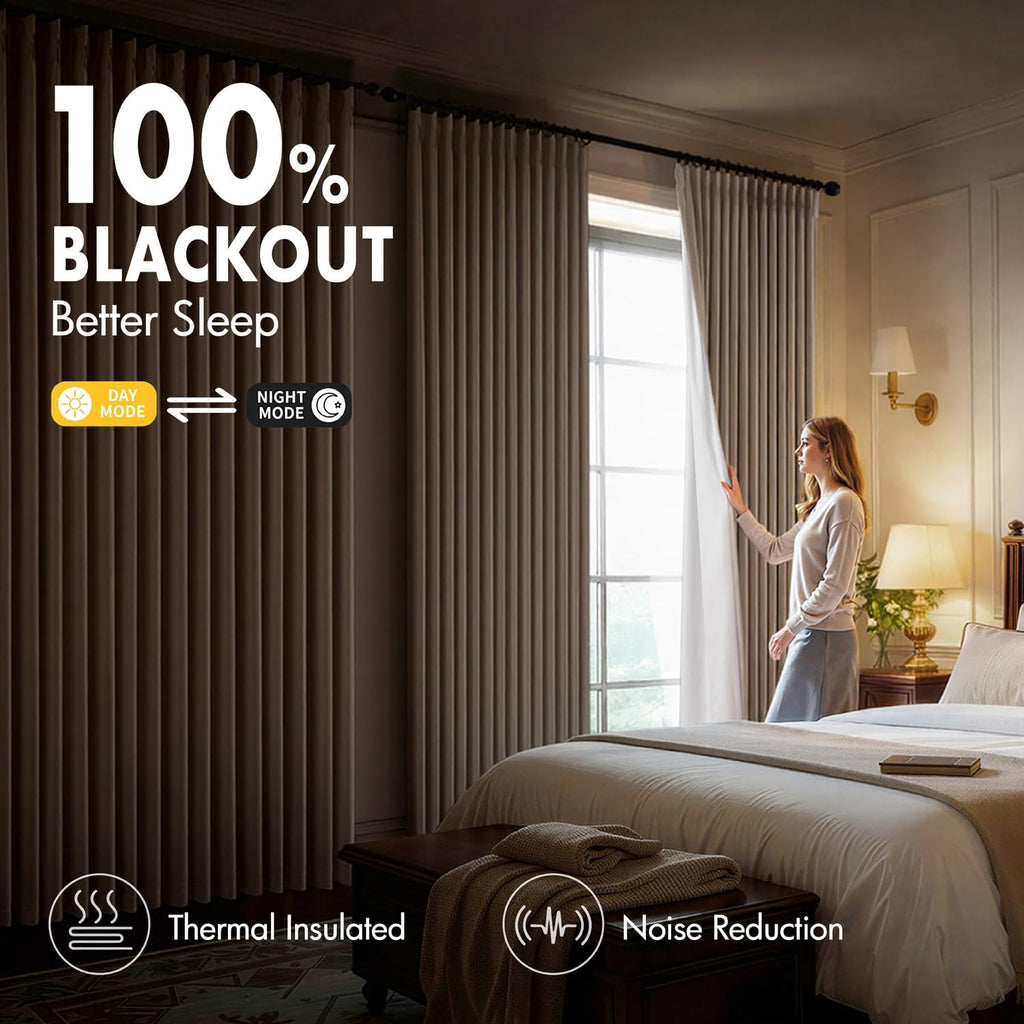 Pinch Pleated 100% Blackout Curtains 4 Panel Set for Bedroom Thick Linen Memory Trained Pleat Living
