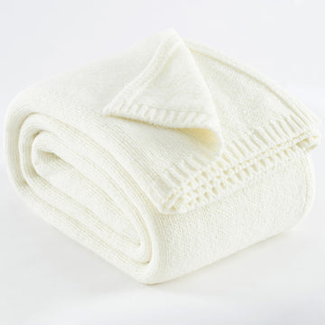 Wool Blend Knit Throw Blanket 50% Recycled Poly 50x60 White