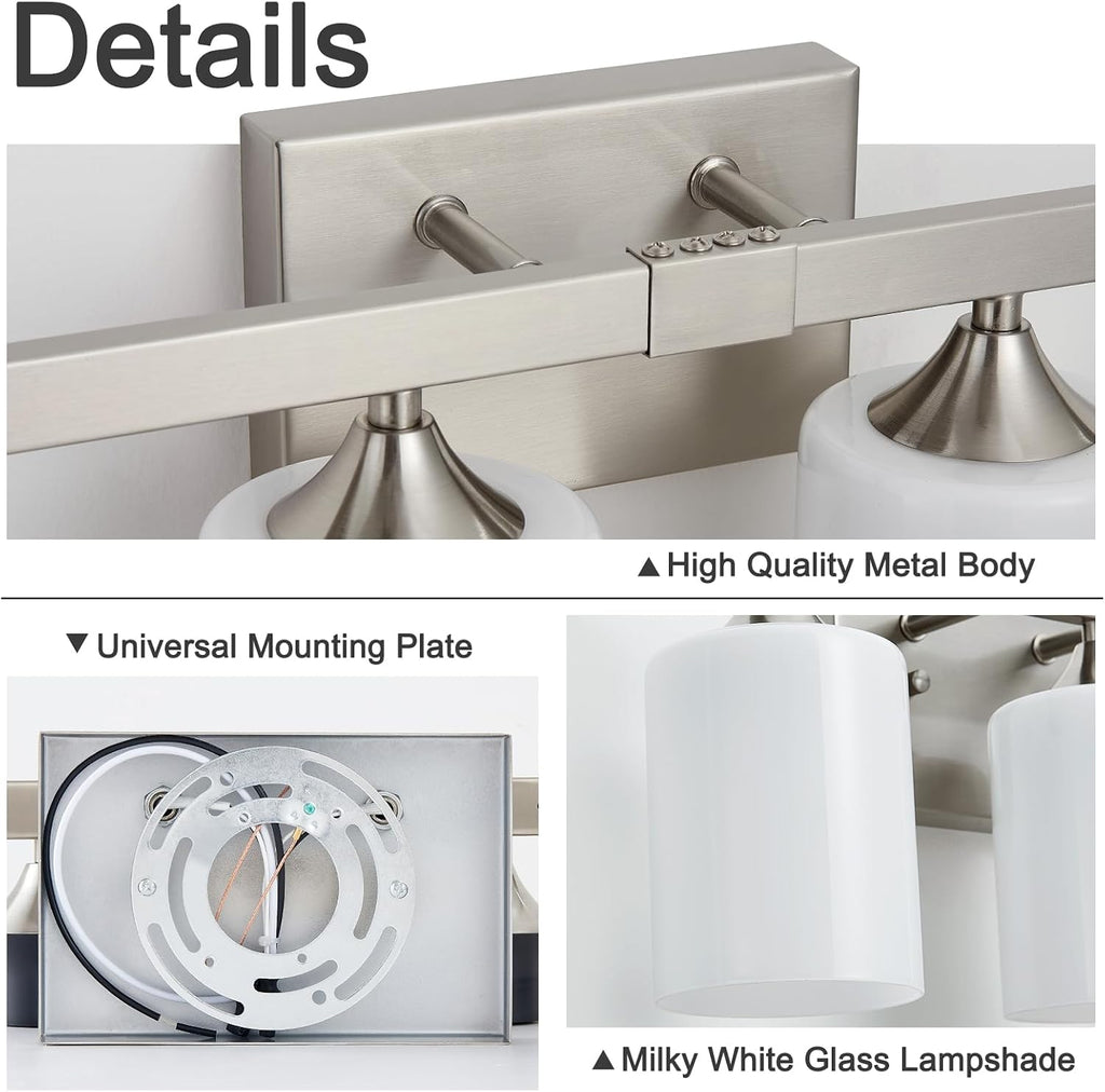 Brushed Nickel Vanity Lights,4-Light Bathroom Light Fixtures,Milky White Glass Shades Wall Lamp,E26 Socket Vanity