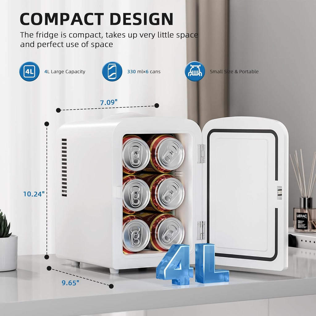 Compact Refrigerator, Portable Mini Fridge, Skin Care 4L Capacity/6 Cans, for Bedroom, Car, Office & Dorm, Small