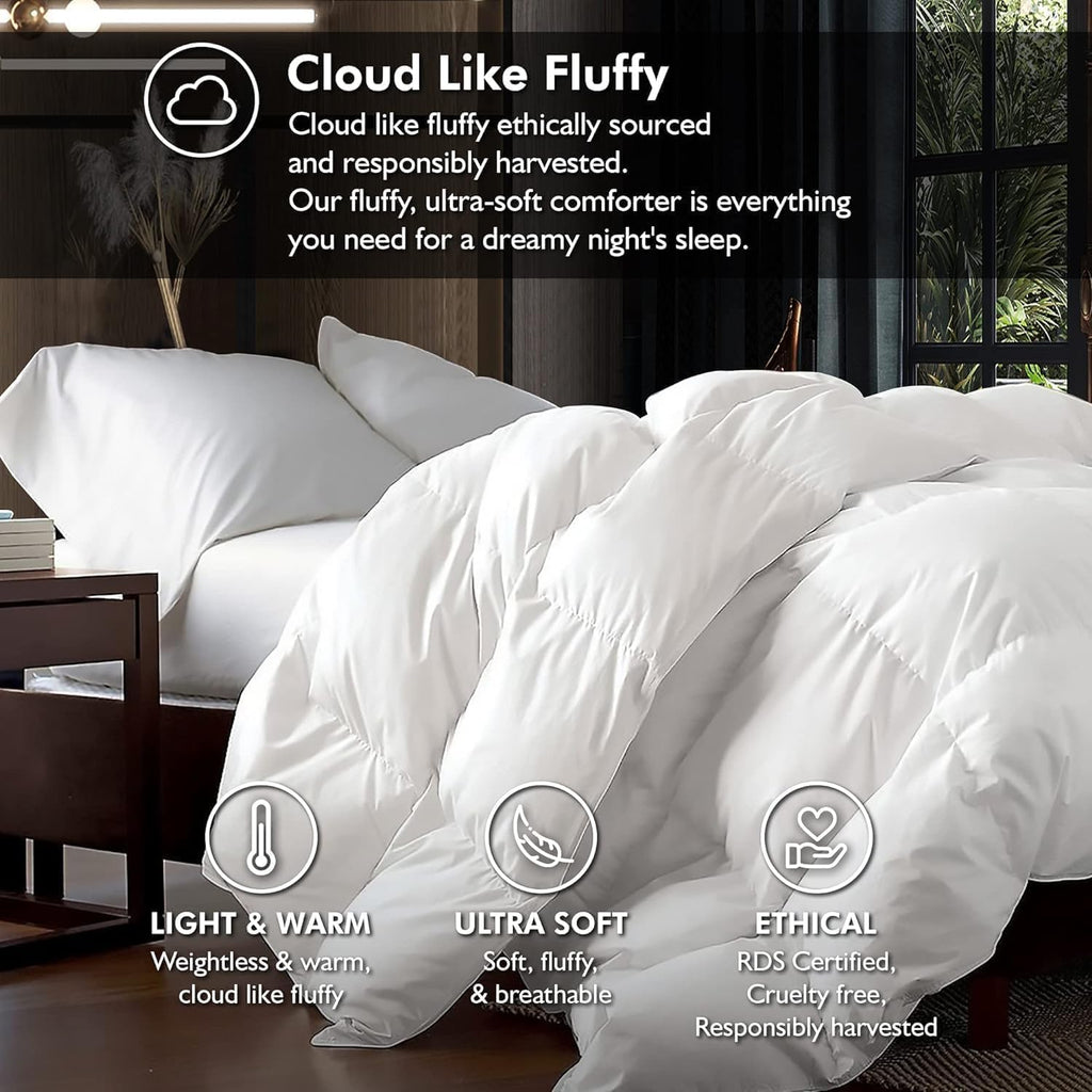 Luxurious Full/Queen Goose Down Comforter, Unique White Solid, 600 Thread Count, 100% Egyptian Cotton Cover