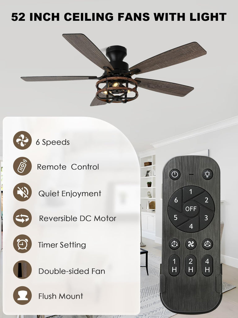 52 Inch Flush Mount Farmhouse Ceiling Fan with Light