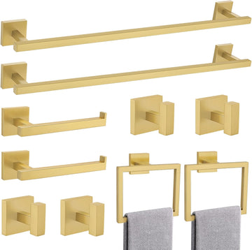Brushed Gold Bathroom Hardware Accessories Set 10 Pieces, 23.6" SUS304 Stainless Steel Towel Bar Set Wall Mounted