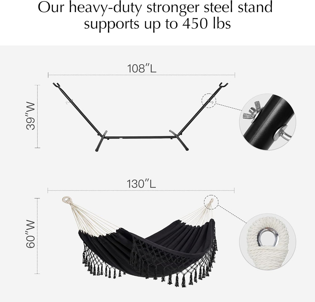 Handmade Tassel Hammocks, Double Hammock with Stand for Outside Indoor Outdoor, Max 450 lbs Capacity, Pillow &