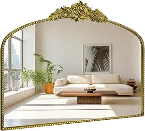 Antique Gold Arched Wall Mirror, 48"X30" Baroque Vintage Mirror with Ornate Metal Frame, Large Traditional Home Decor