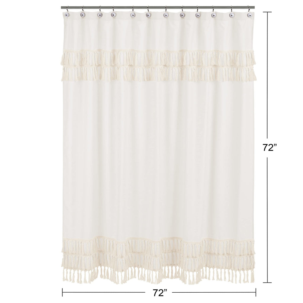 Minimalist Boho Chic Solid Ivory Cream Macrame Fringe Knotted Tassel Decorative Bathroom Fabric Bath Shower Curtain