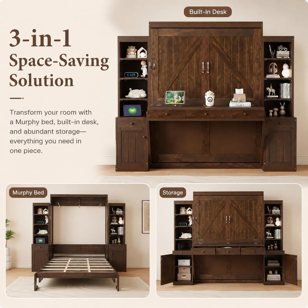Queen Murphy Bed with Desk, Wall Bed Cabinet with Storage Shelves, Enclosed Cabinets and Hidden Foldout Workstation