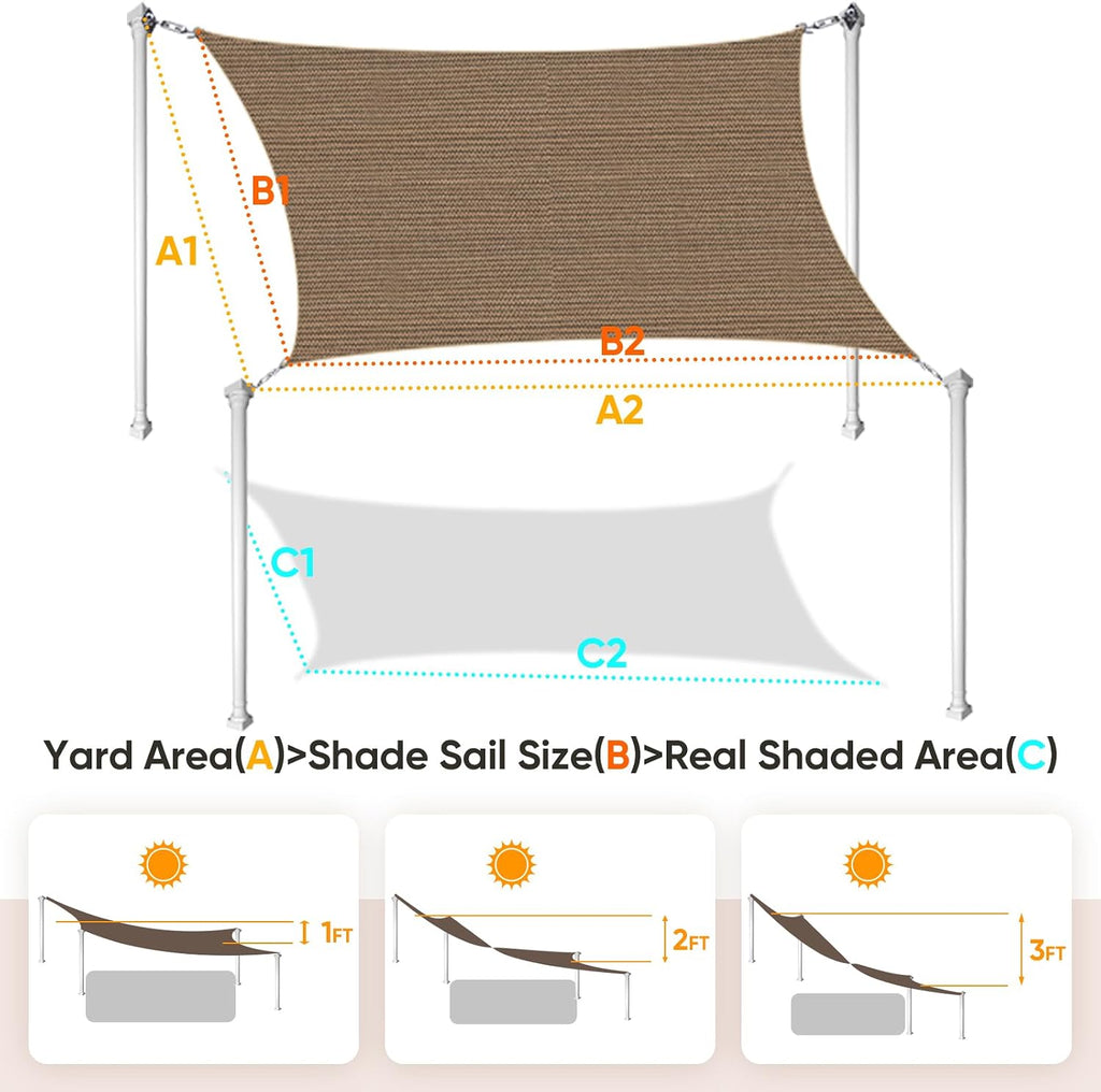 Sun Shade Sail with Hardware Kit 185GSM 26x20ft Brown | Rectangular Outdoor Sunshades UV Block Outside Canopy Cover