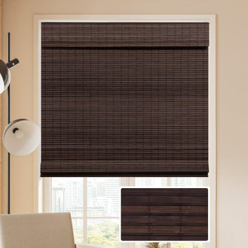 Cordless Bamboo Roman Blinds Shades Windows-Blackout Room Darkening Roman Blinds with 6" Valance Cover Enhanced