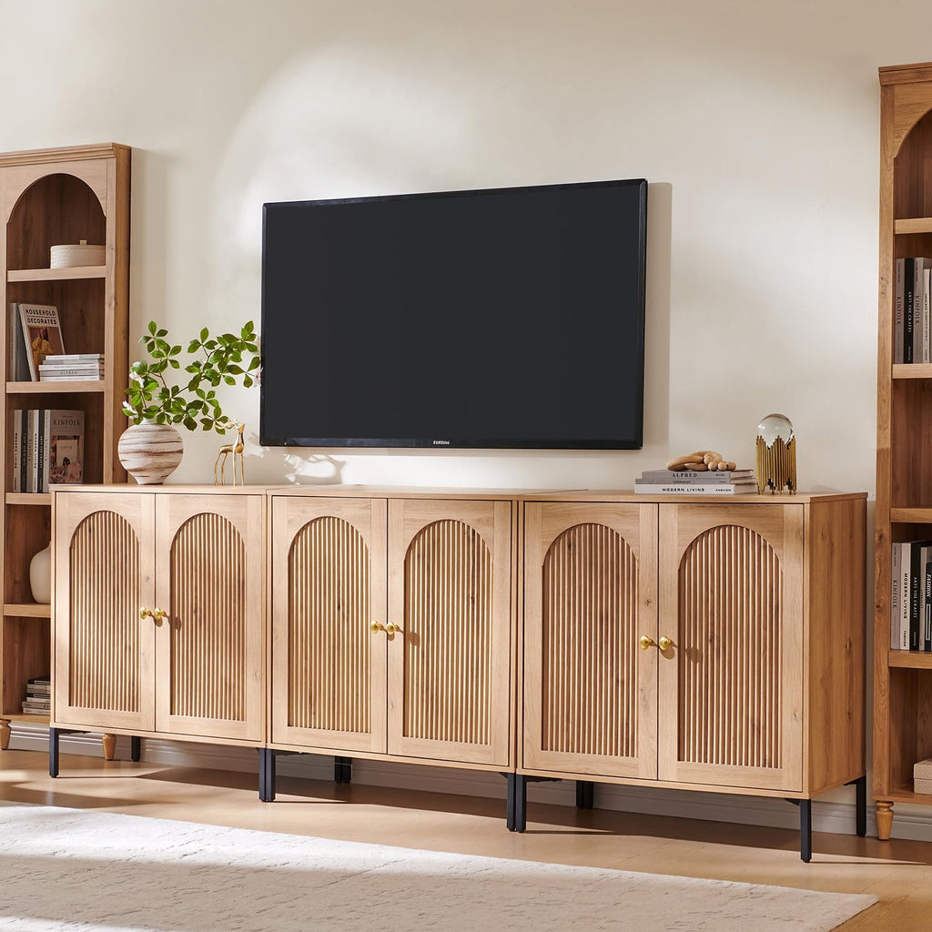 Modern Buffet Cabinet with Storage, 92.63" W Fluted Arched Sideboard Cabinet w/Adjustable Shelves