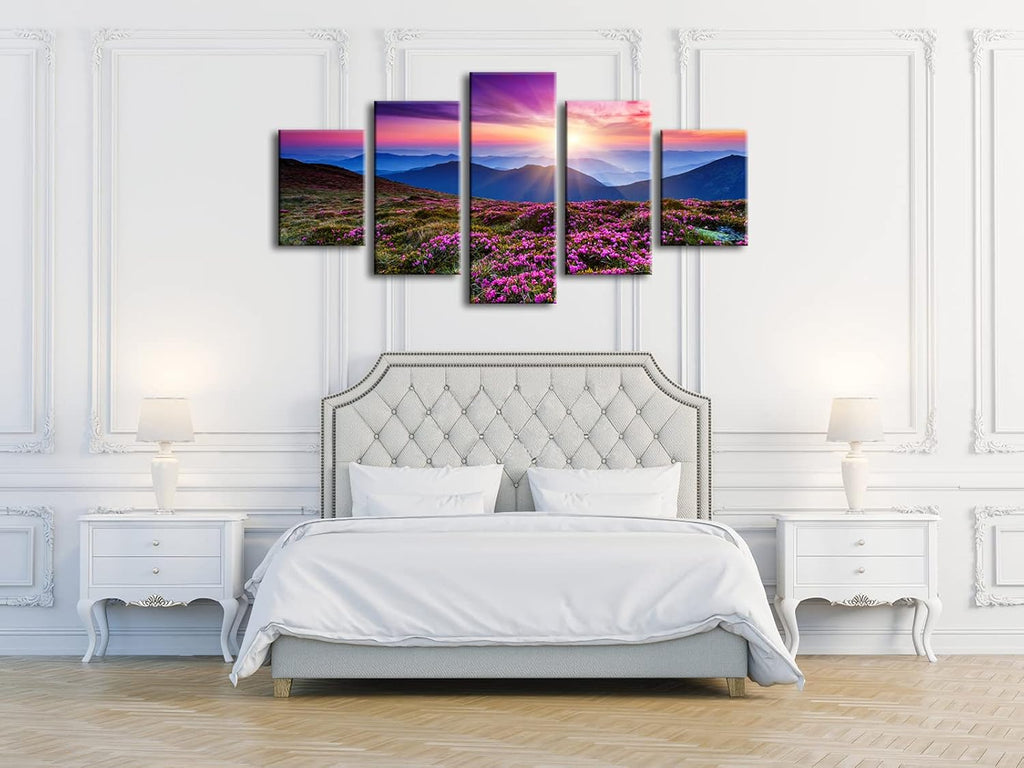 5 Piece Giclee Canvas Prints Wall Art Large Modern Gallery Wrapped Mountains in Sunrise Artwork Purple Landscape