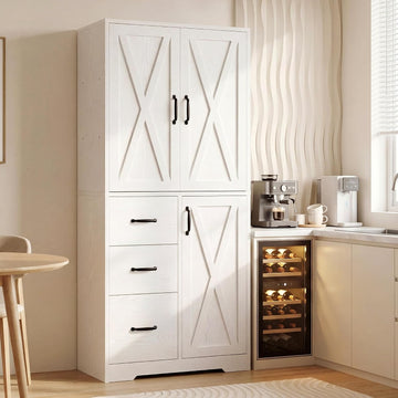 Pantry Cabinet, Kitchen Storage Cabinet with 3 Door & Drawer, White | Adjustable Shelf. 67.5inch Tall. 5 Tier