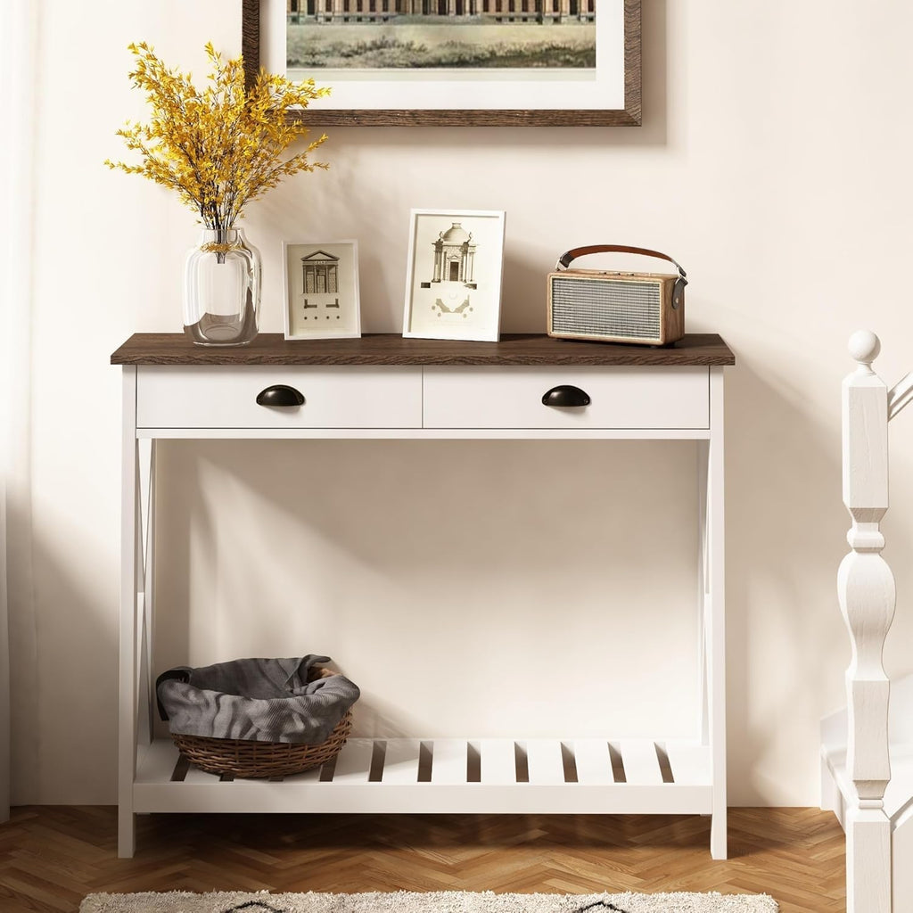 Farmhouse Console Table with Drawer , Narrow Long Entry Table with Shelf , Rustic Vintage Hallway Sofa Table with