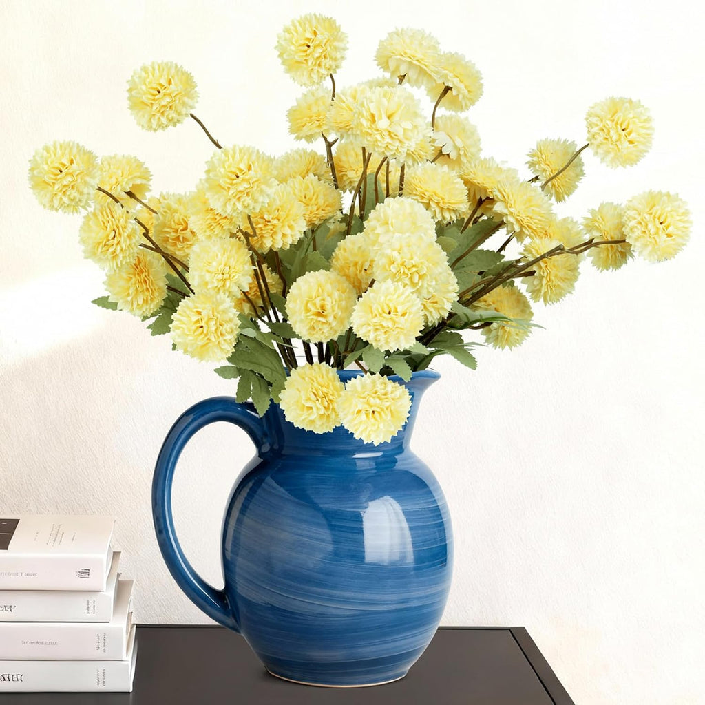 Artificial Mums Faux Stem Kiku Yellow Flowers for Vase 20" | 12 Bundles Fake Chrysanthemums for Fall Decor, Lifelike