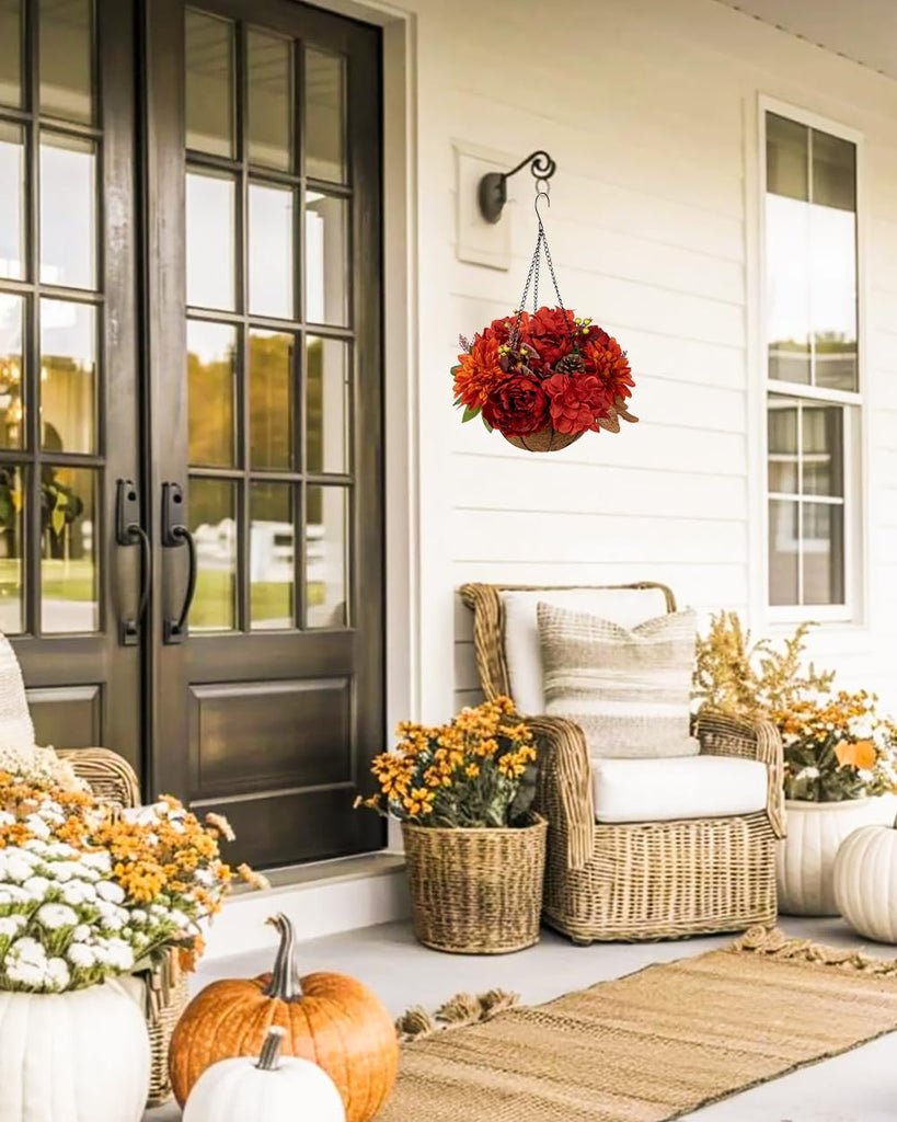 13" Fall Hanging Baskets Medium Peonies Dahlia Artificial Fall Hanging Decor Fake Flower Red Orange Faux Plants