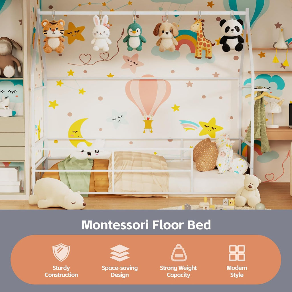 Twin Floor Bed Frame for Kids, Metal Low House Bed Montessori Bed with Guardrails & Built-in Clothing Rack, No Box