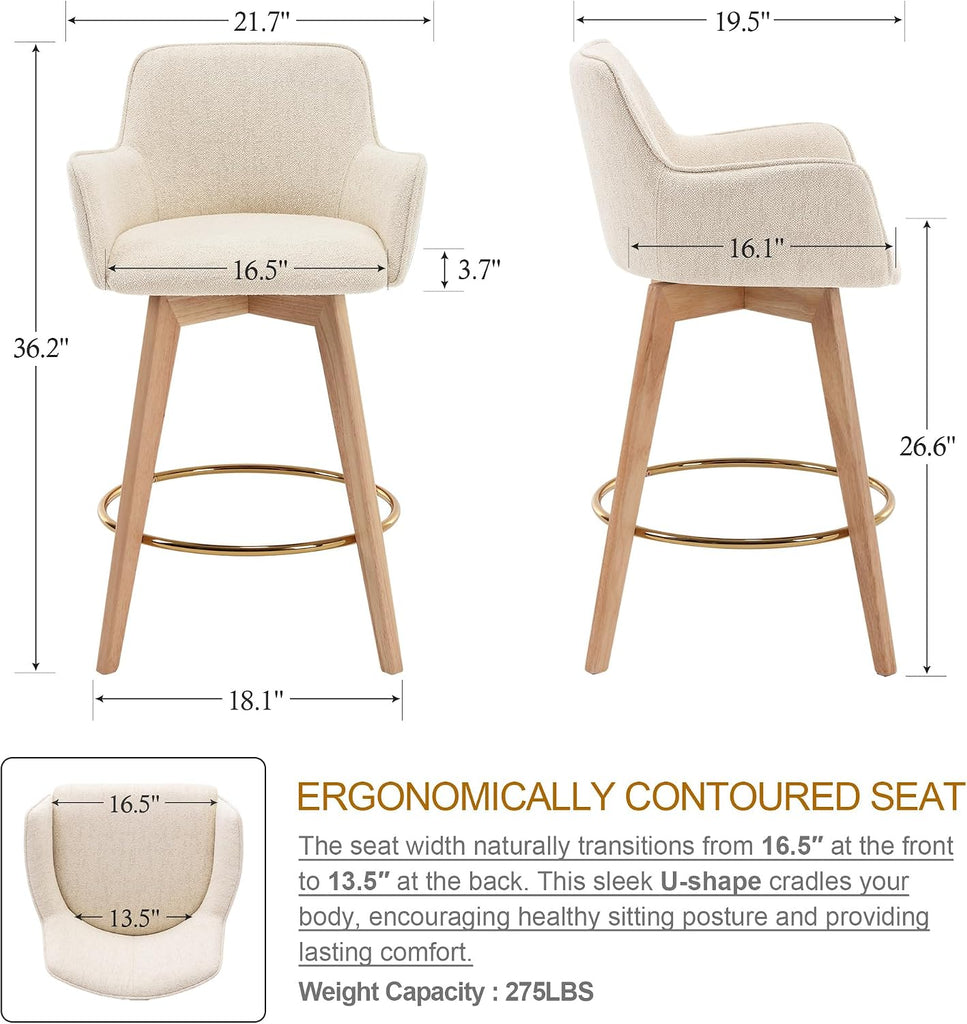 Modern 26" Counter Height Bar Stools Set of 3, Swivel Kitchen Island Tall Chairs with Back, Arm, Footrest and Solid