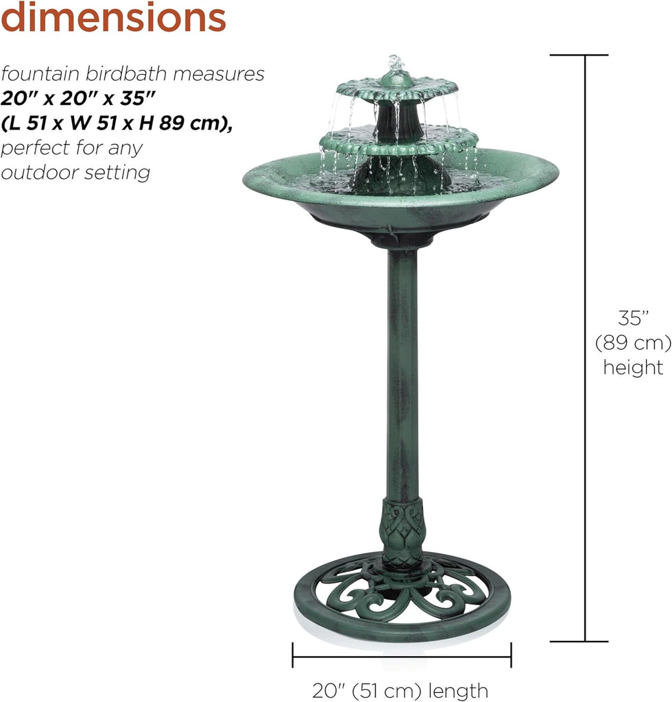 35" Tall 3-Tier Outdoor Pedestal Water Fountain - Durable Resin Cascading Water Feature and Birdbath, Green