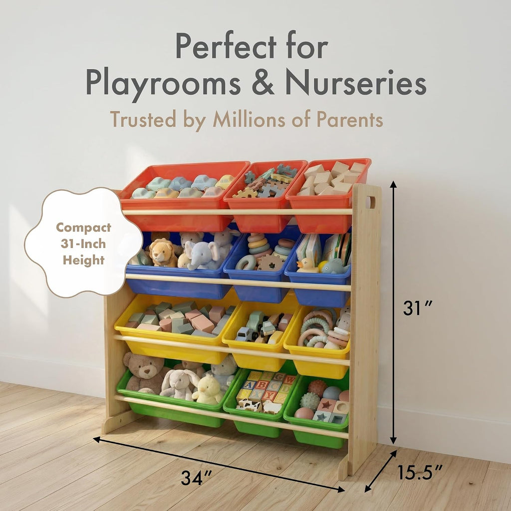 Kids' Toy Storage Organizer with 12 Plastic Bins, Natural/Primary, Model Number: WO560