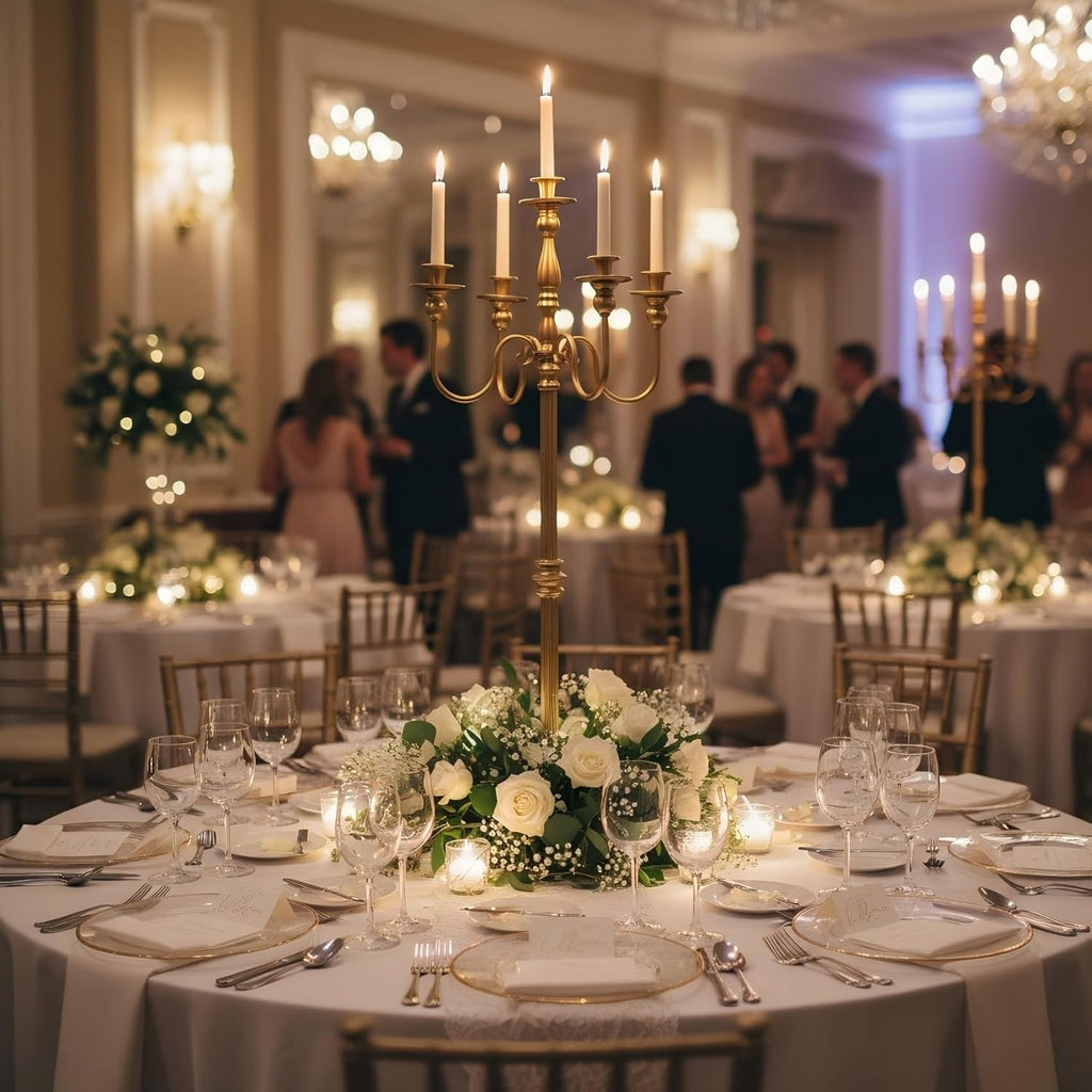 Gold Candelabra, 50'' Tall Floor Candle Holders, 2 Pcs Metal 5 Arm Centerpiece Decorations for 5 Candlesticks Party