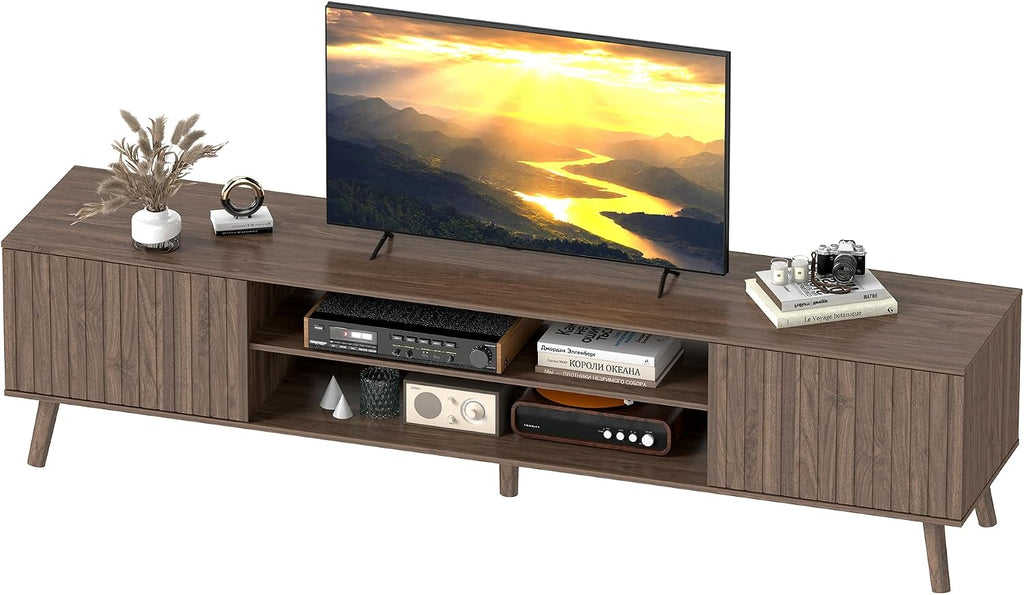 TV Stand for 75 inch TVs, Mid Century Modern Entertainment Center with Power Outlet,Fluted Media Console with Open