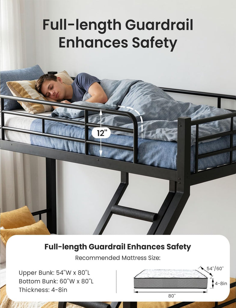 Twin XL Over Queen Bunk Bed, Heavy Duty Queen Bunk Bed for Adults