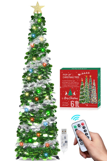 6 FT Pop Up Tinsel with 100 Colored Timer Lights & Remote, Green Silver Collapsible Artificial Pencil Tree Xmas
