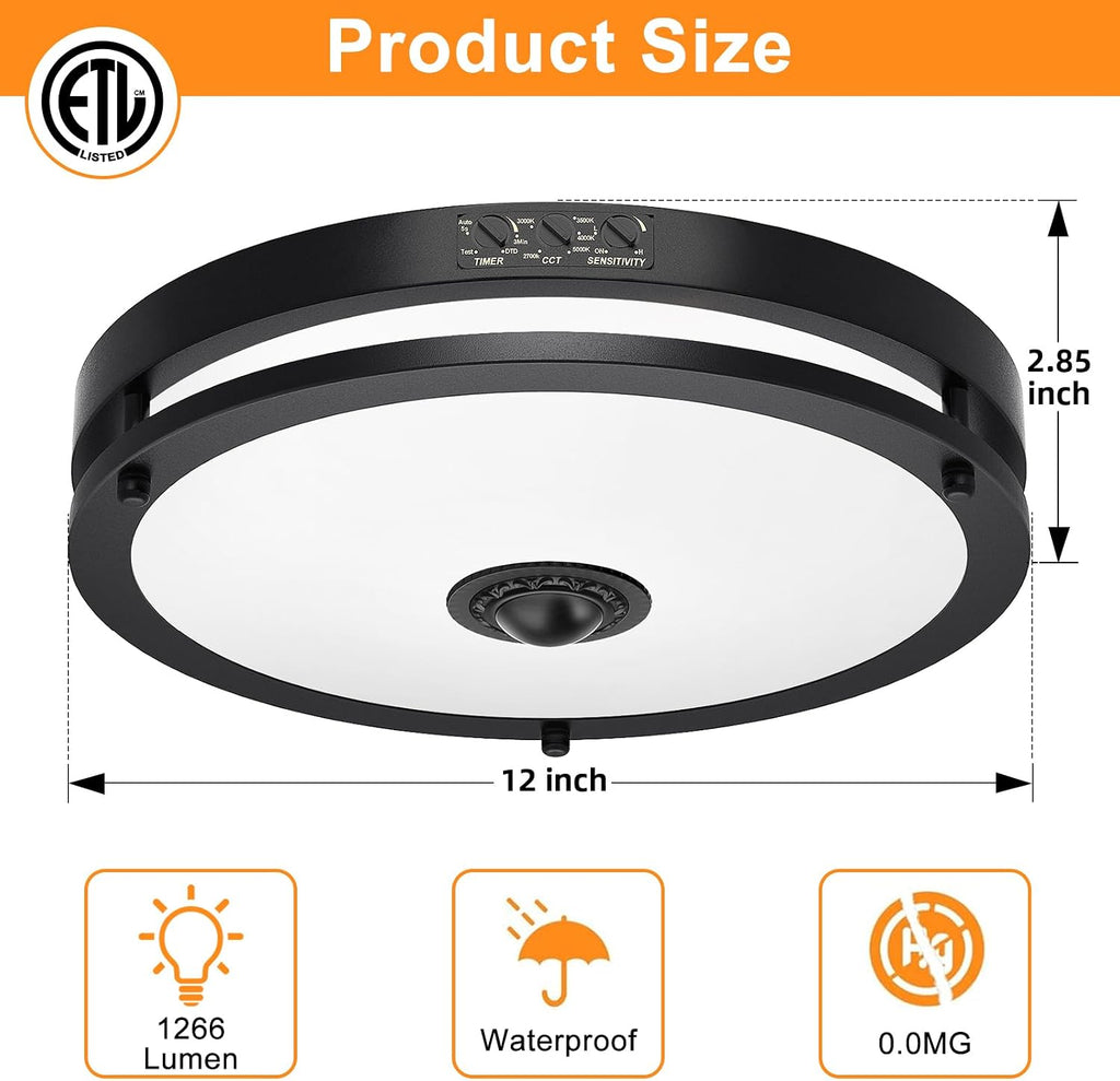 24W LED Motion Sensor Outdoor Ceiling Light, 12IN LED Ceiling Light, 5 Color Options